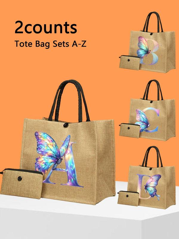 Butterfly & Letter Pattern Tote Bag Set, Large Capacity Shoulder Bag & Pouch Set, Casual Trendy Versatile High-quality Daily Commuting Bag Set