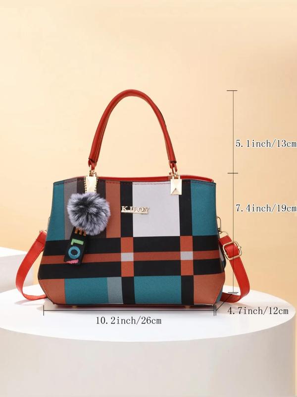 Women's Colorblock Adjustable Zip Pu Leather Satchel, Summer Fashion Colorblock Handbag with Pendant, Casual Versatile PU Leather Zipper Handbag for Women, Trendy All-match Bag for Daily Life