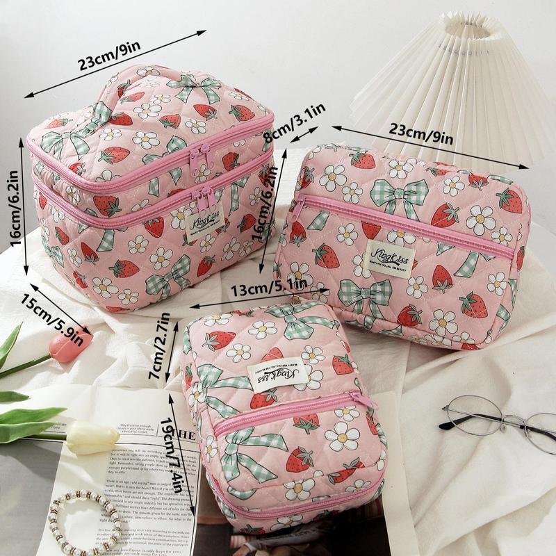 Strawberry Pattern Makeup Bag Set, 3 Counts set Double Layer Cosmetic Storage Bag, Zipper Makeup Organizer Pouch, Versatile Storage Bag for Travel, Outing