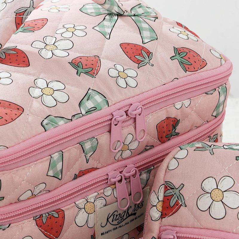 Strawberry Pattern Makeup Bag Set, 3 Counts set Double Layer Cosmetic Storage Bag, Zipper Makeup Organizer Pouch, Versatile Storage Bag for Travel, Outing