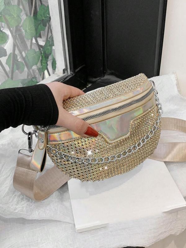 Women's Fashion Rhinestone Decorated Fanny Pack, Casual Versatile Zipper Design Sling Bag for Daily Used, Trendy All-match Chest Bag