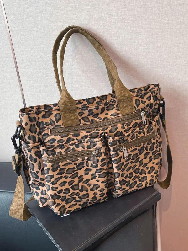 Creative Full Cherry Plain Leopard Print Tote Bag, Tote Bags for School Fashionable Cute Zipper Shoulder Bag for Women & Girls, Casual Commuter Bag for Daily Used for Fall 2024, Purse