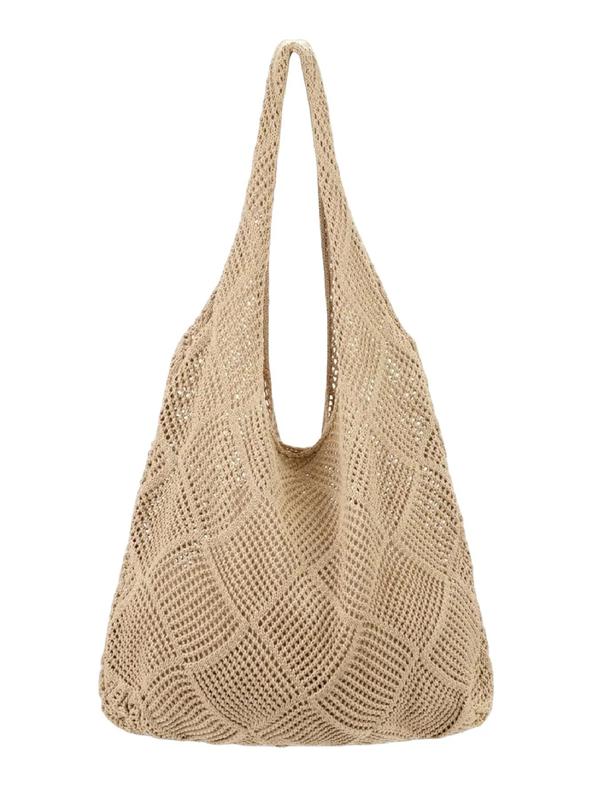 Women's Hollow Out Crochet Shoulder Bag, Simple Style Plain Color Knit Bag, Large Capacity Beach Bag, Girl Fashionable Shopping Bag