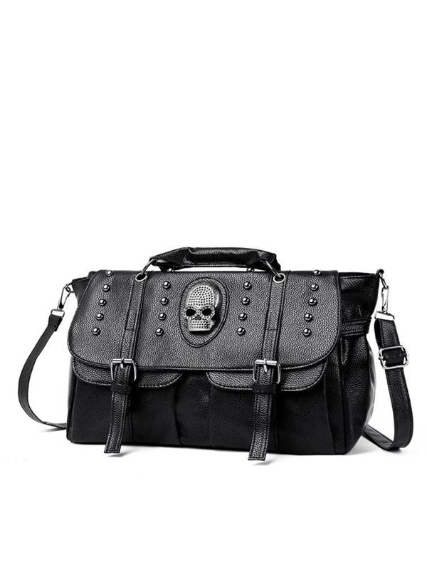 Women's Punk Style Skull Design Studded Decor Crossbody Bag, Fashionable PU Leather Shoulder Bag for Daily Used, Casual Trendy Versatile High-quality Daily Commuting Bag