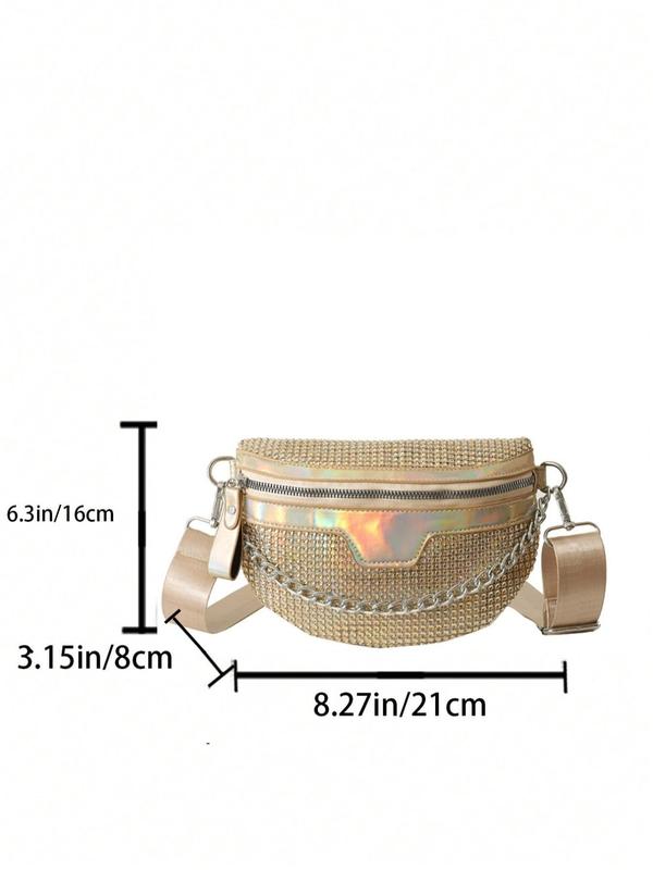 Women's Fashion Rhinestone Decorated Fanny Pack, Casual Versatile Zipper Design Sling Bag for Daily Used, Trendy All-match Chest Bag