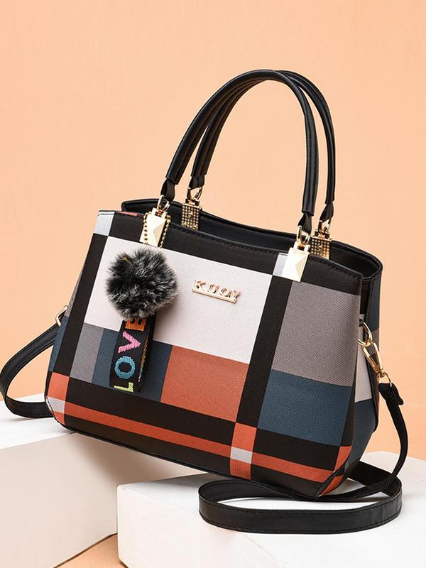 Women's Colorblock Adjustable Zip Pu Leather Satchel, Summer Fashion Colorblock Handbag with Pendant, Casual Versatile PU Leather Zipper Handbag for Women, Trendy All-match Bag for Daily Life