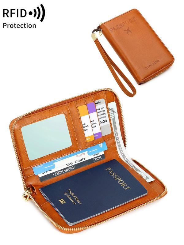 Letters Print Passport Holder, Multi-functional Passport Case with Airplane Pattern, PU Leather Travel Wallet with Wrist Strap and Zipper Closure