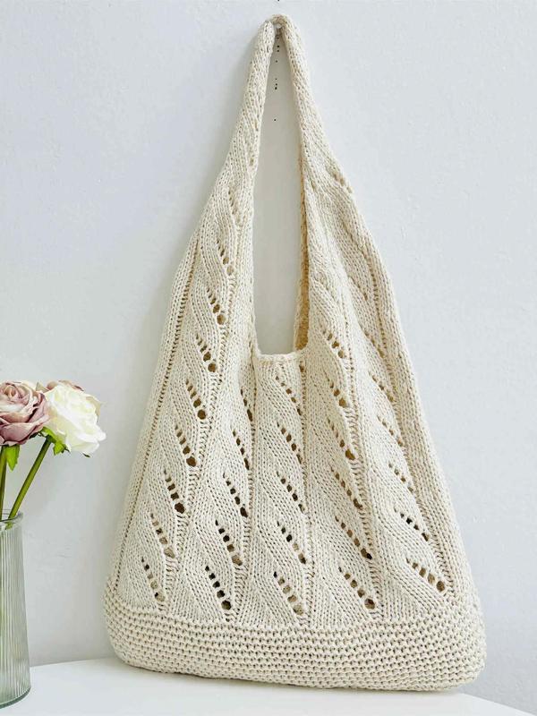 Women's Hollow Out Crochet Shoulder Bag, Simple Style Plain Color Knit Bag, Large Capacity Beach Bag, Girl Fashionable Shopping Bag