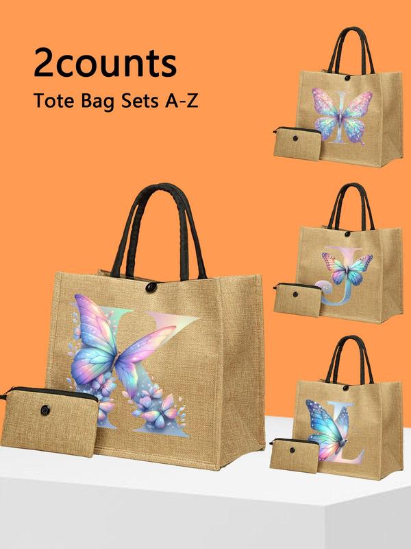 Butterfly & Letter Pattern Tote Bag Set, Large Capacity Shoulder Bag & Pouch Set, Casual Trendy Versatile High-quality Daily Commuting Bag Set