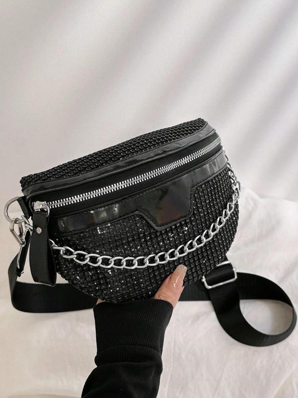 Women's Fashion Rhinestone Decorated Fanny Pack, Casual Versatile Zipper Design Sling Bag for Daily Used, Trendy All-match Chest Bag