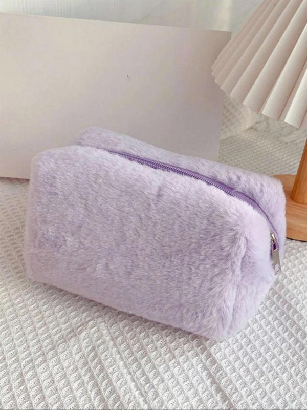 Solid Color Makeup Bag, Portable Large Capacity Travel Toiletry Bag, Soft Fuzzy Cosmetic Storage Bag, Girls' Makeup Organizer