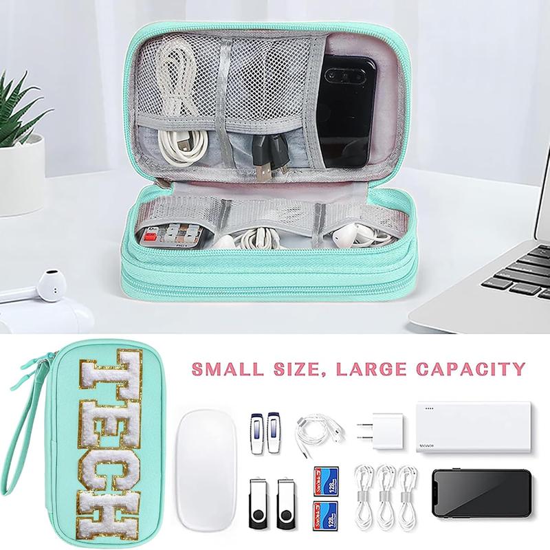 Electronics Organizer Bag Travel with Chenille Letter Patch TECH Traveling  Have Accessories Cute Personalized Gift for Women  Cord Charger Storage Pouch (Greenish Blue)