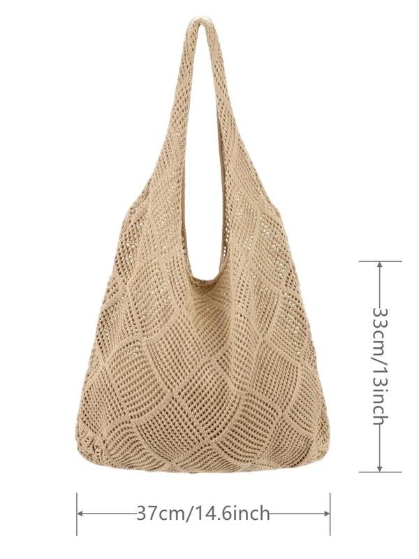 Women's Hollow Out Crochet Shoulder Bag, Simple Style Plain Color Knit Bag, Large Capacity Beach Bag, Girl Fashionable Shopping Bag