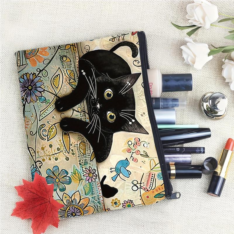 Cat Pattern Canvas Cosmetic Bag, 1 Count Portable Makeup Bag, Zipper Makeup Organizer Pouch, Versatile Storage Bag for Travel, Office, Home