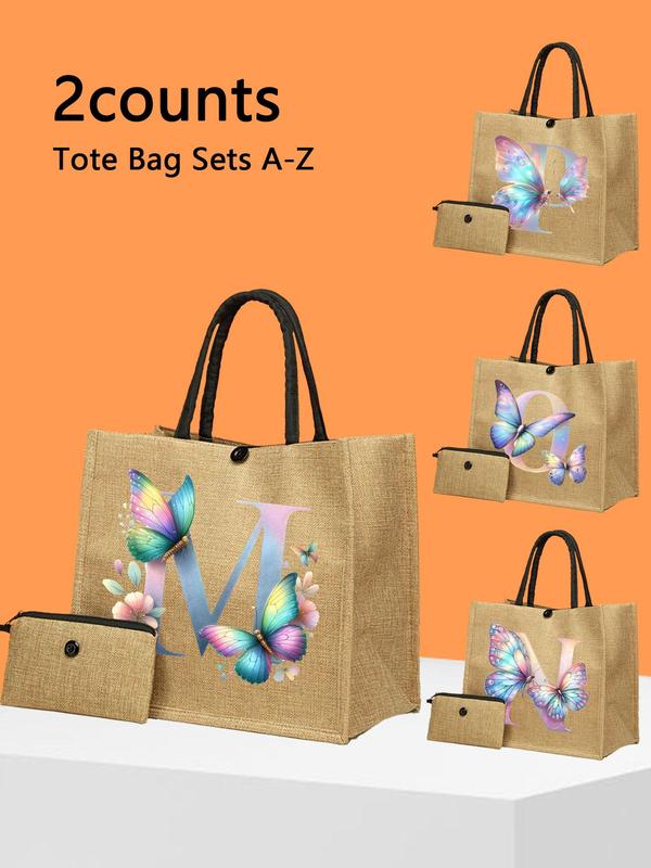 Butterfly & Letter Pattern Tote Bag Set, Large Capacity Shoulder Bag & Pouch Set, Casual Trendy Versatile High-quality Daily Commuting Bag Set