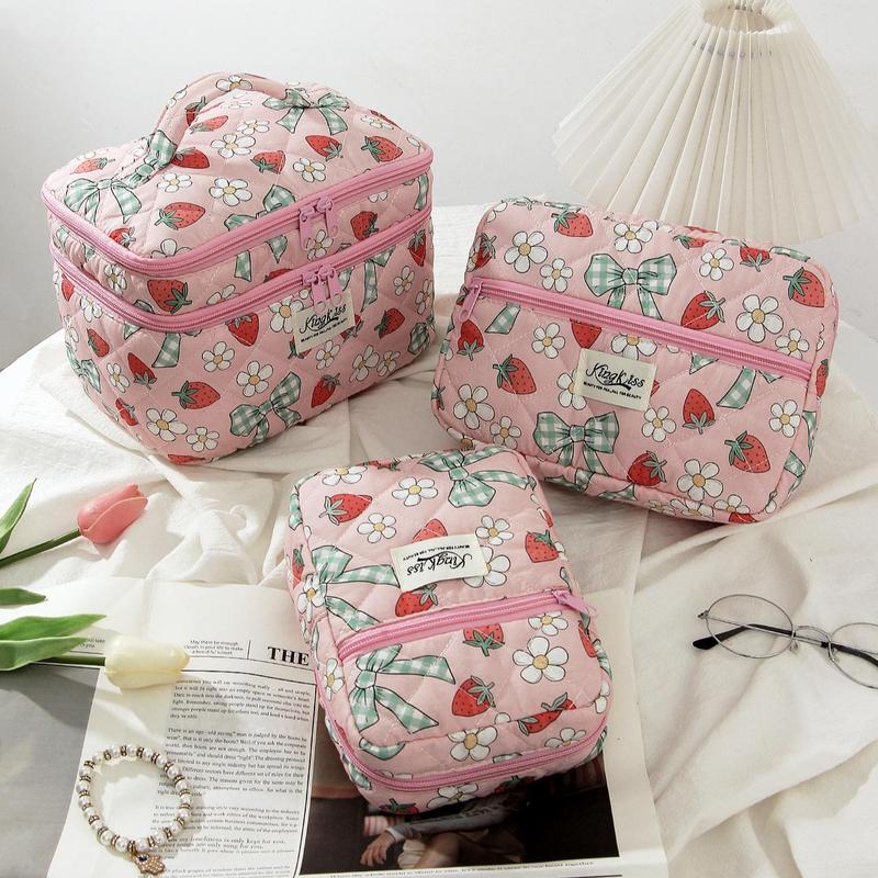 Strawberry Pattern Makeup Bag Set, 3 Counts set Double Layer Cosmetic Storage Bag, Zipper Makeup Organizer Pouch, Versatile Storage Bag for Travel, Outing