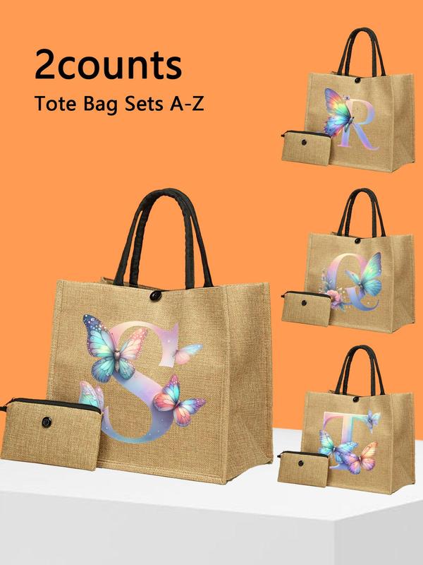 Butterfly & Letter Pattern Tote Bag Set, Large Capacity Shoulder Bag & Pouch Set, Casual Trendy Versatile High-quality Daily Commuting Bag Set