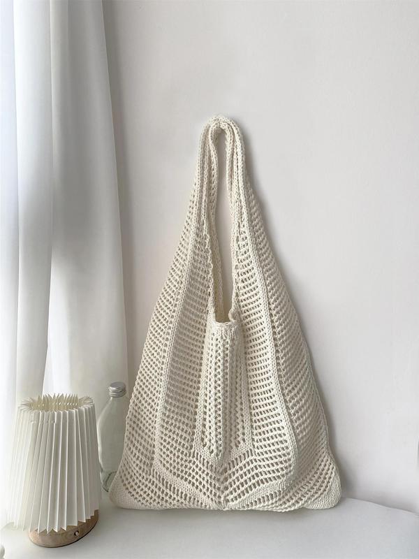 Women's Hollow Out Crochet Shoulder Bag, Simple Style Plain Color Knit Bag, Large Capacity Beach Bag, Girl Fashionable Shopping Bag