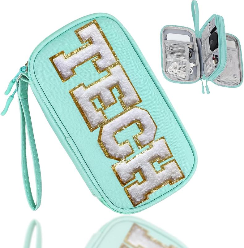 Electronics Organizer Bag Travel with Chenille Letter Patch TECH Traveling  Have Accessories Cute Personalized Gift for Women  Cord Charger Storage Pouch (Greenish Blue)