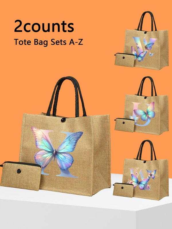 Butterfly & Letter Pattern Tote Bag Set, Large Capacity Shoulder Bag & Pouch Set, Casual Trendy Versatile High-quality Daily Commuting Bag Set