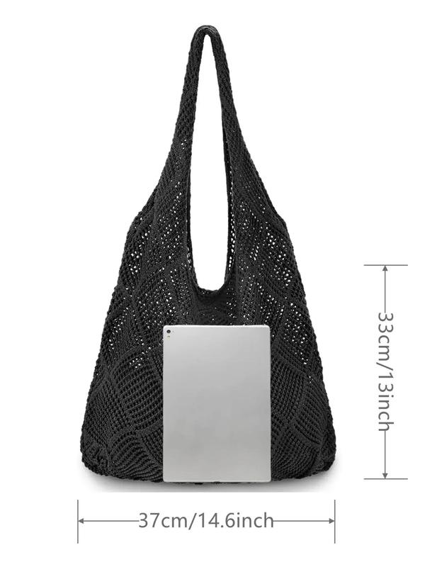 Women's Hollow Out Crochet Shoulder Bag, Simple Style Plain Color Knit Bag, Large Capacity Beach Bag, Girl Fashionable Shopping Bag