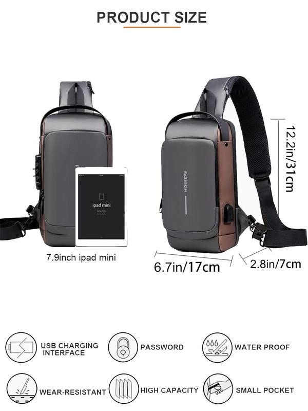 Men's Sporty Sling Bag with Combination Lock & Usb Port, Fall Business Waterproof Chest Bag, Designer Crossbody Bags for Men, Simple All-match Designer Bags for Travel