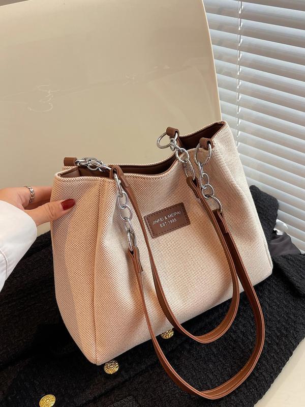 Women's Solid Color Chain Decor Tote Bag, Fashionable Large Capacity Shoulder Bag for Work & School, Casual Trendy Versatile High-quality Daily Commuting Bag