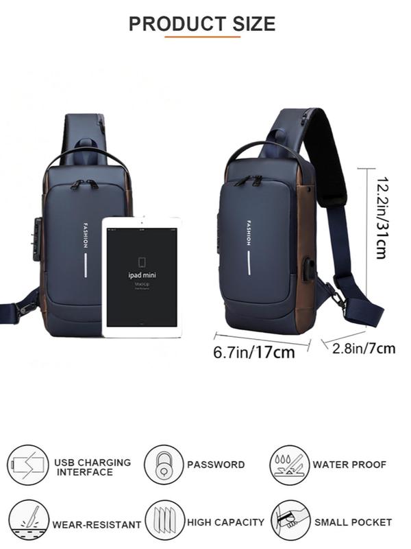 Men's Sporty Sling Bag with Combination Lock & Usb Port, Fall Business Waterproof Chest Bag, Designer Crossbody Bags for Men, Simple All-match Designer Bags for Travel