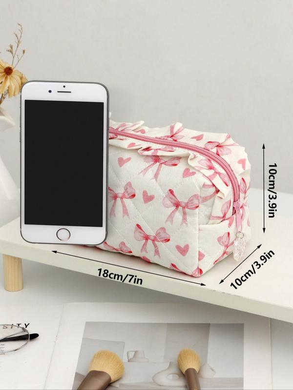 Heart & Bow Pattern Makeup Bag, Large Capacity Travel Cosmetic Storage Bag, Zipper Makeup Organizer Pouch, Versatile Storage Bag for Travel, Office, Home