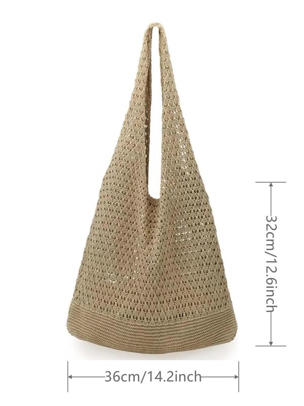 Women's Hollow Out Crochet Shoulder Bag, Simple Style Plain Color Knit Bag, Large Capacity Beach Bag, Girl Fashionable Shopping Bag