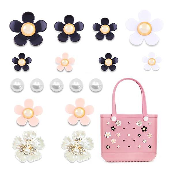 Charms for Bogg Bag, Pearls and Colorful Flowers for Bogg Bag Accessories, Compatible with Women Rubber Beach Bag Tote Handbag Decoration (17 Pcs)