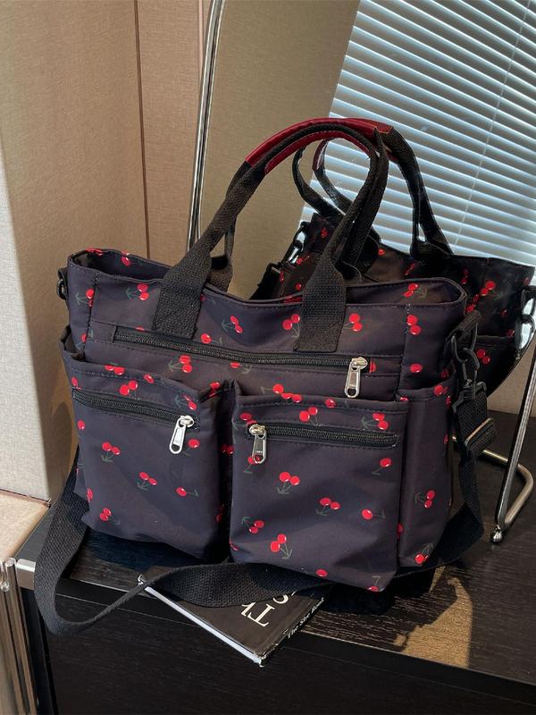 Creative Full Cherry Plain Leopard Print Tote Bag, Tote Bags for School Fashionable Cute Zipper Shoulder Bag for Women & Girls, Casual Commuter Bag for Daily Used for Fall 2024, Purse