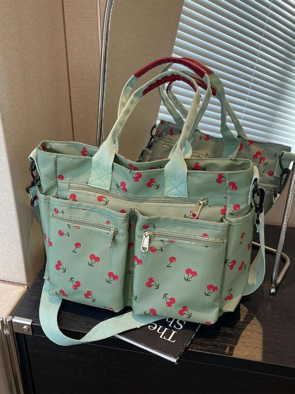 Creative Full Cherry Plain Leopard Print Tote Bag, Tote Bags for School Fashionable Cute Zipper Shoulder Bag for Women & Girls, Casual Commuter Bag for Daily Used for Fall 2024, Purse