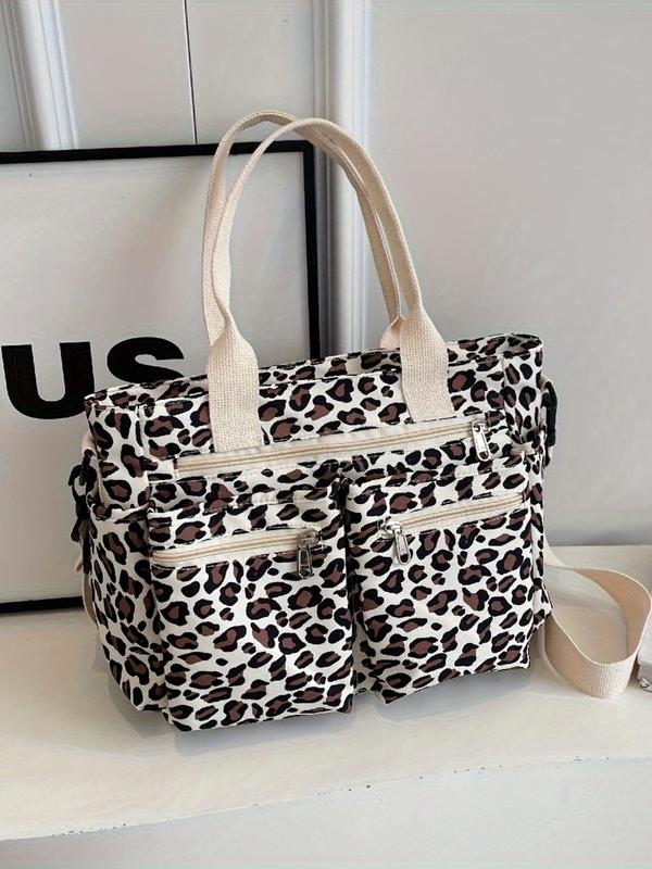 Creative Full Cherry Plain Leopard Print Tote Bag, Tote Bags for School Fashionable Cute Zipper Shoulder Bag for Women & Girls, Casual Commuter Bag for Daily Used for Fall 2024, Purse