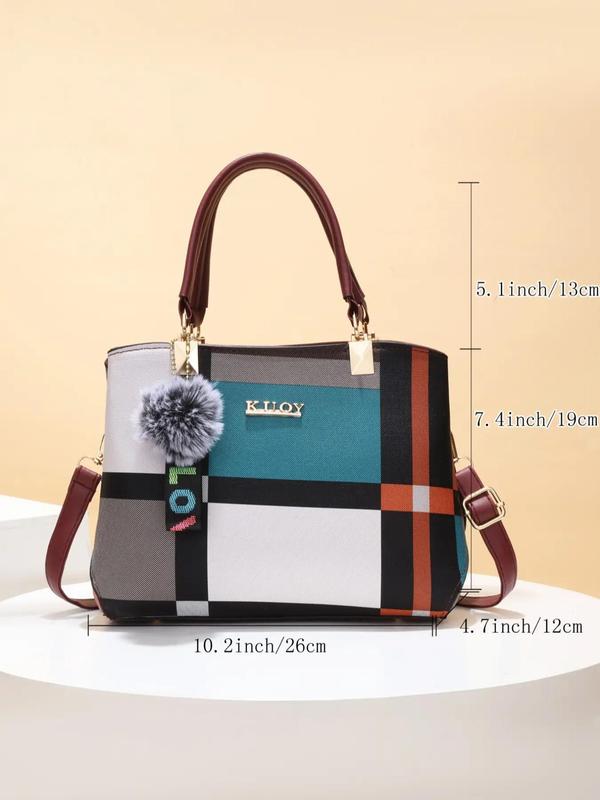 Women's Colorblock Adjustable Zip Pu Leather Satchel, Summer Fashion Colorblock Handbag with Pendant, Casual Versatile PU Leather Zipper Handbag for Women, Trendy All-match Bag for Daily Life