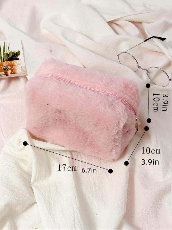 Solid Color Makeup Bag, Portable Large Capacity Travel Toiletry Bag, Soft Fuzzy Cosmetic Storage Bag, Girls' Makeup Organizer