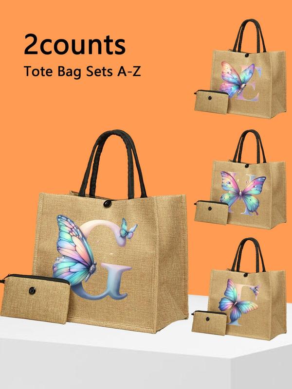 Butterfly & Letter Pattern Tote Bag Set, Large Capacity Shoulder Bag & Pouch Set, Casual Trendy Versatile High-quality Daily Commuting Bag Set