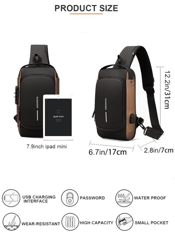 Men's Sporty Sling Bag with Combination Lock & Usb Port, Fall Business Waterproof Chest Bag, Designer Crossbody Bags for Men, Simple All-match Designer Bags for Travel