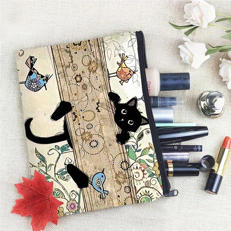 Cat Pattern Canvas Cosmetic Bag, 1 Count Portable Makeup Bag, Zipper Makeup Organizer Pouch, Versatile Storage Bag for Travel, Office, Home