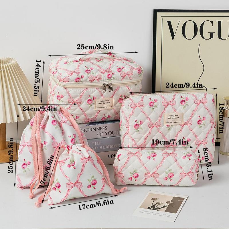 Bow Pattern Quilted Makeup Bag Set, 5 Counts Travel Cosmetic Bags, Portable Zipper Makeup Organizer Pouches, for Skincare, Lotion, Cream,Lip Balm, Eyeliners, Makeup Tools,Travel Essentials, Christmas Gift