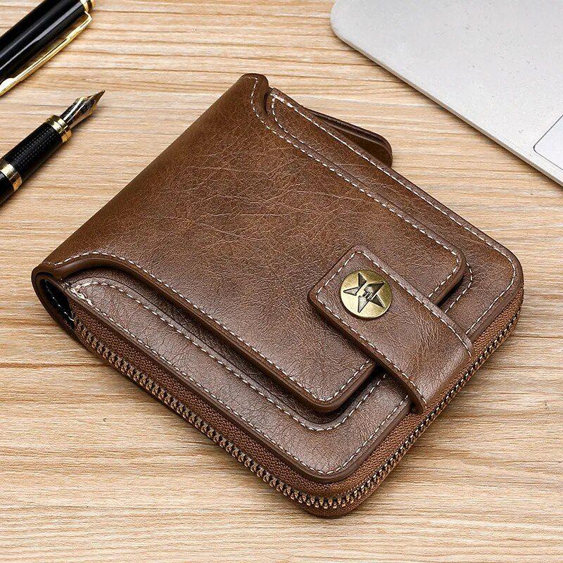 Classic Vintage Men’s PU Leather Short Wallet with Zipper & Hasp Closure wallet men