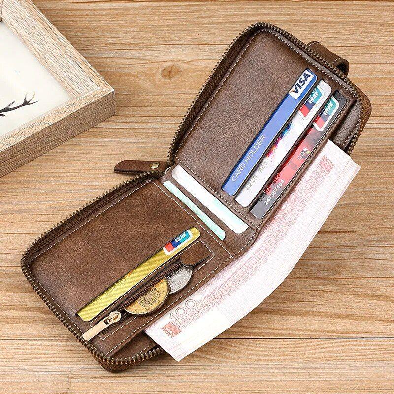 Classic Vintage Men’s PU Leather Short Wallet with Zipper & Hasp Closure wallet men