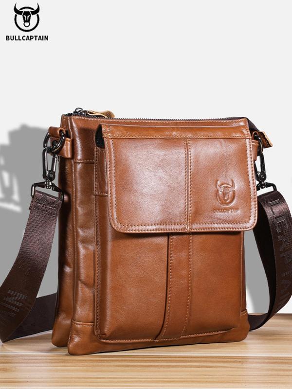 Men's Cowhide Retro Zipper Crossbody Bag, Vintage Large Capacity Shoulder Bag for Daily Used, Casual Trendy Versatile High-quality Daily Commuting Bag, Girl Fashionable Shopping Bag