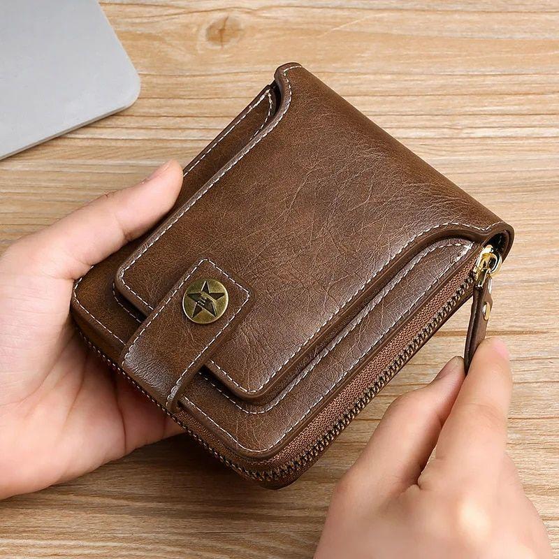 Classic Vintage Men’s PU Leather Short Wallet with Zipper & Hasp Closure wallet men