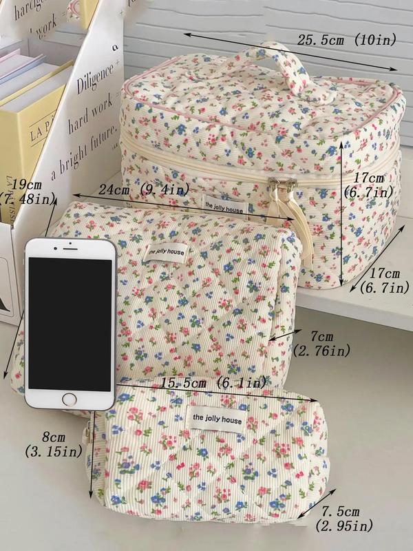 Ditsy Floral Pattern Letters Label Makeup Bag, Travel Essentials Back To School, Corduroy Makeup Brushes Organizer Pouch, Cosmetic Designer Storage Bag, Makeup Accessories