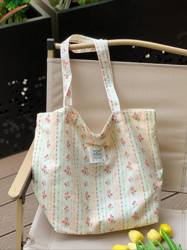 Women's Ditsy Floral Print Canvas Tote Bag, Large Capacity Shoulder Bag, Casual Trendy Versatile High-quality Daily Commuting Bag, Girl Fashionable Shopping Bag