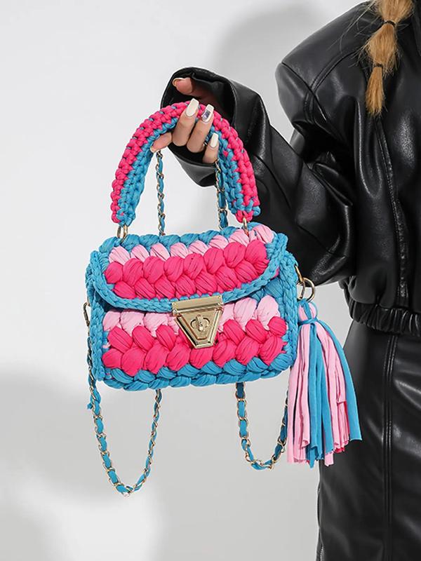 Women's Colorblock Crochet Handmade Bag, Fashionable Tassel Decor Crossbody Bag for Daily Used, Casual Trendy Versatile High-quality Daily Commuting Bag