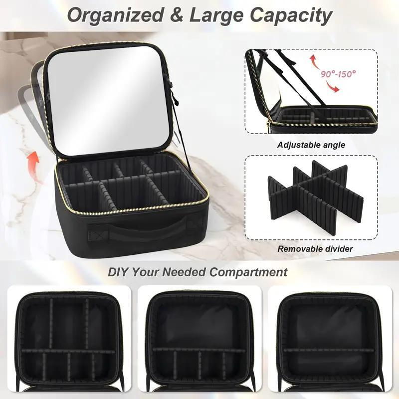 Travel Portable Makeup Bag with LED Light, Large Capacity Cosmetic Storage Box, Travel Portable Makeup Bag Case with Mirror, Christmas Gift