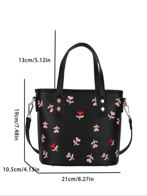 Women's Cute Embroidered Flower Pattern Handbag, Trendy Crossbody Bag, Small Tote Bags, Bags for Women, Fashionable Handbag for Daily Use for Women & Girls