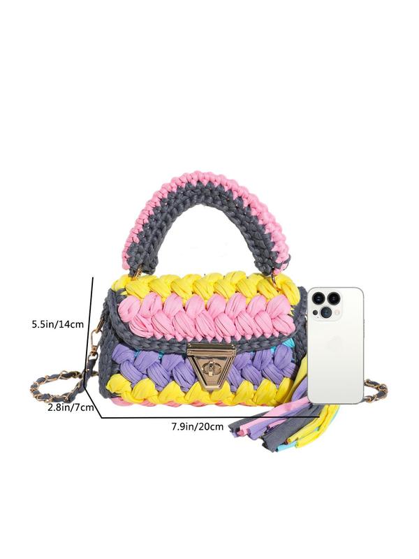 Women's Colorblock Crochet Handmade Bag, Fashionable Tassel Decor Crossbody Bag for Daily Used, Casual Trendy Versatile High-quality Daily Commuting Bag